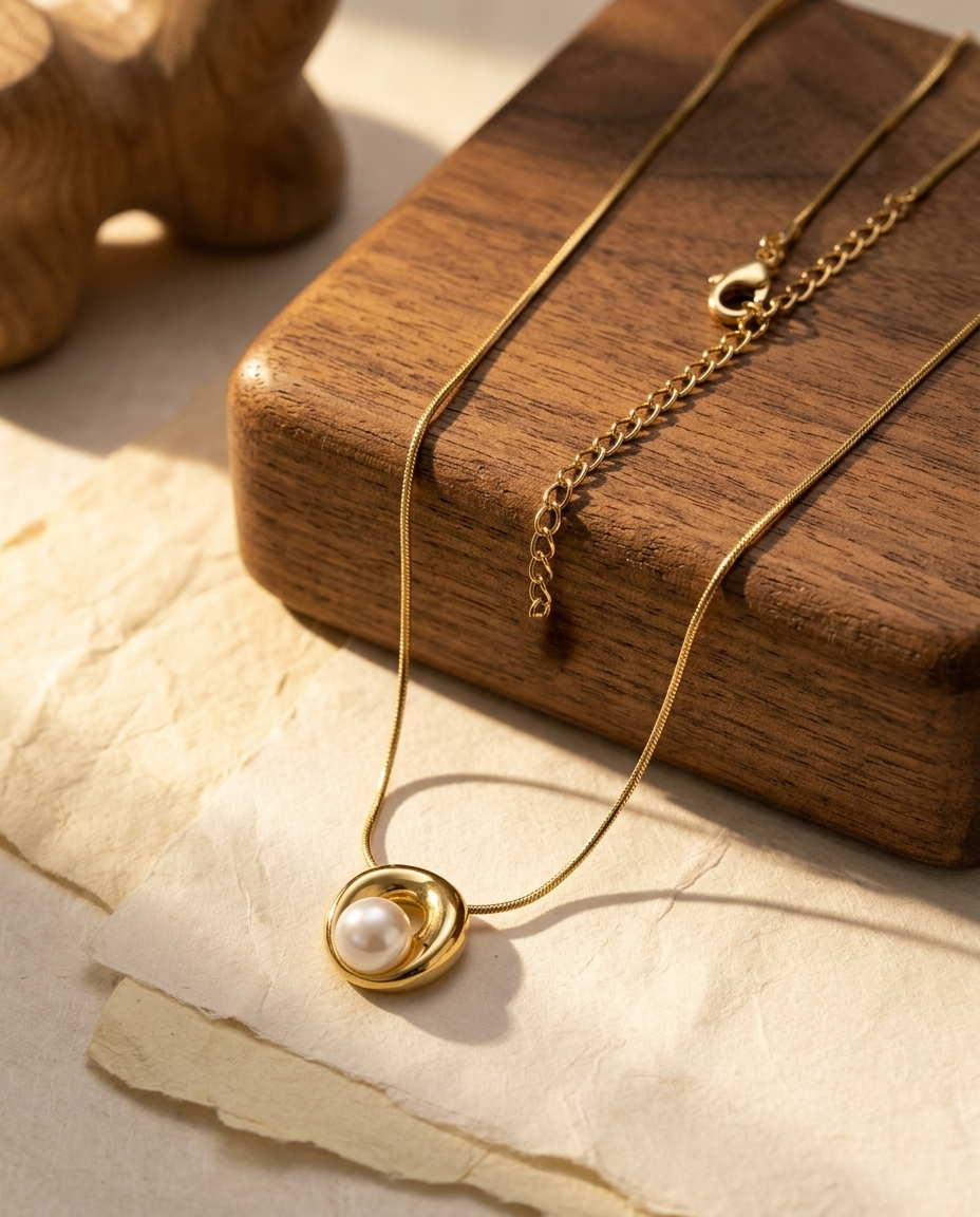 Gold Sculpted Ring Pearl Pendant Necklace – view 4