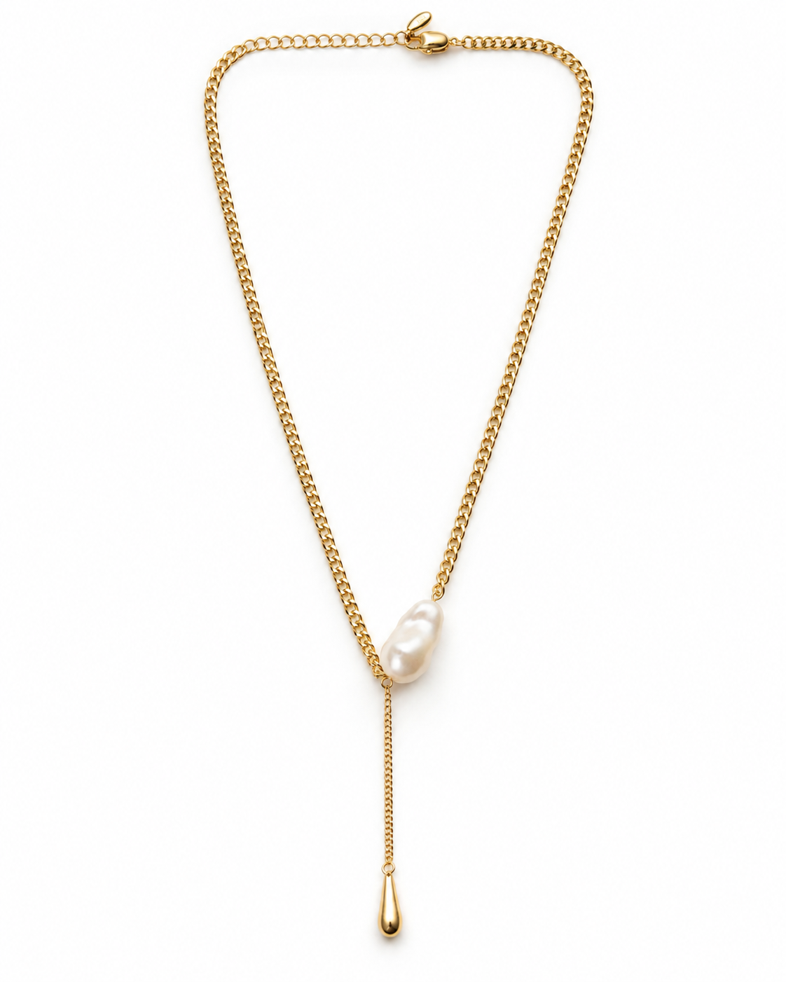 Gold Baroque Pearl Curb Chain Lariat Necklace – view 1