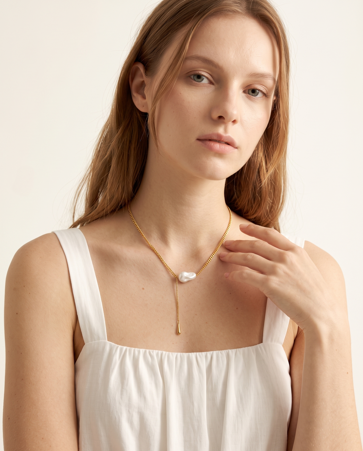 Gold Baroque Pearl Curb Chain Lariat Necklace – view 3