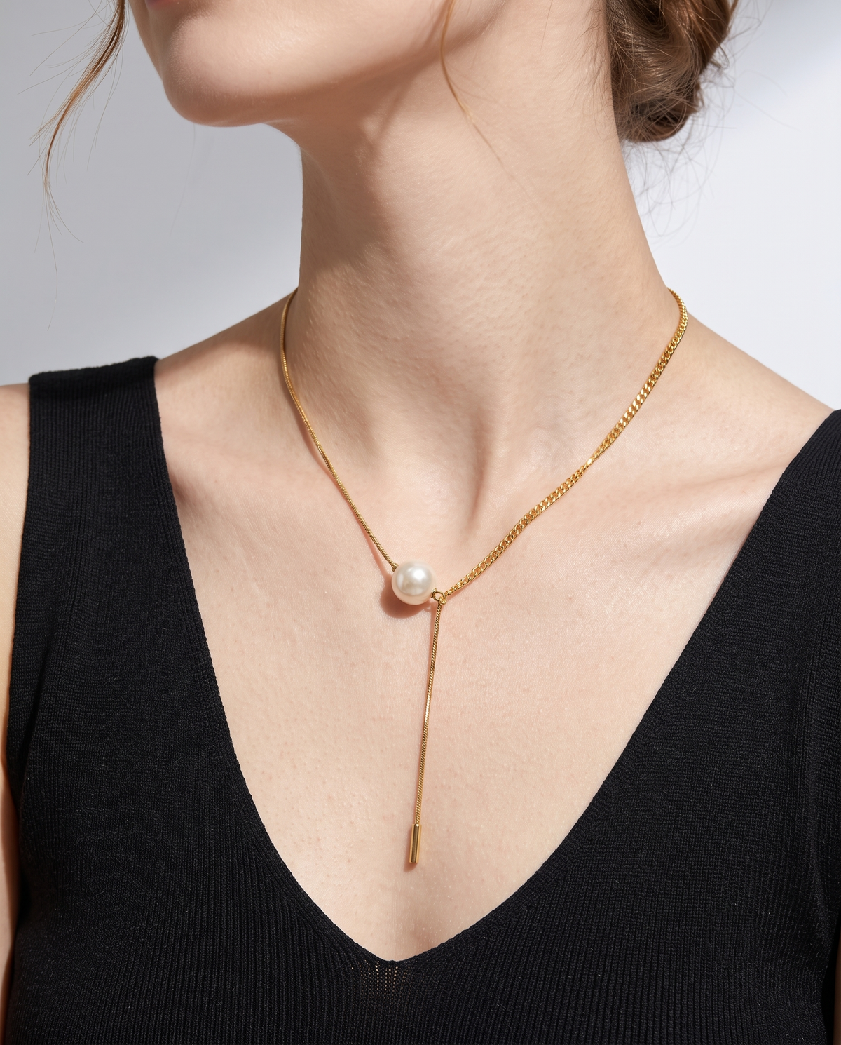 Gold Pearl Snake Curb Lariat Necklace – view 3