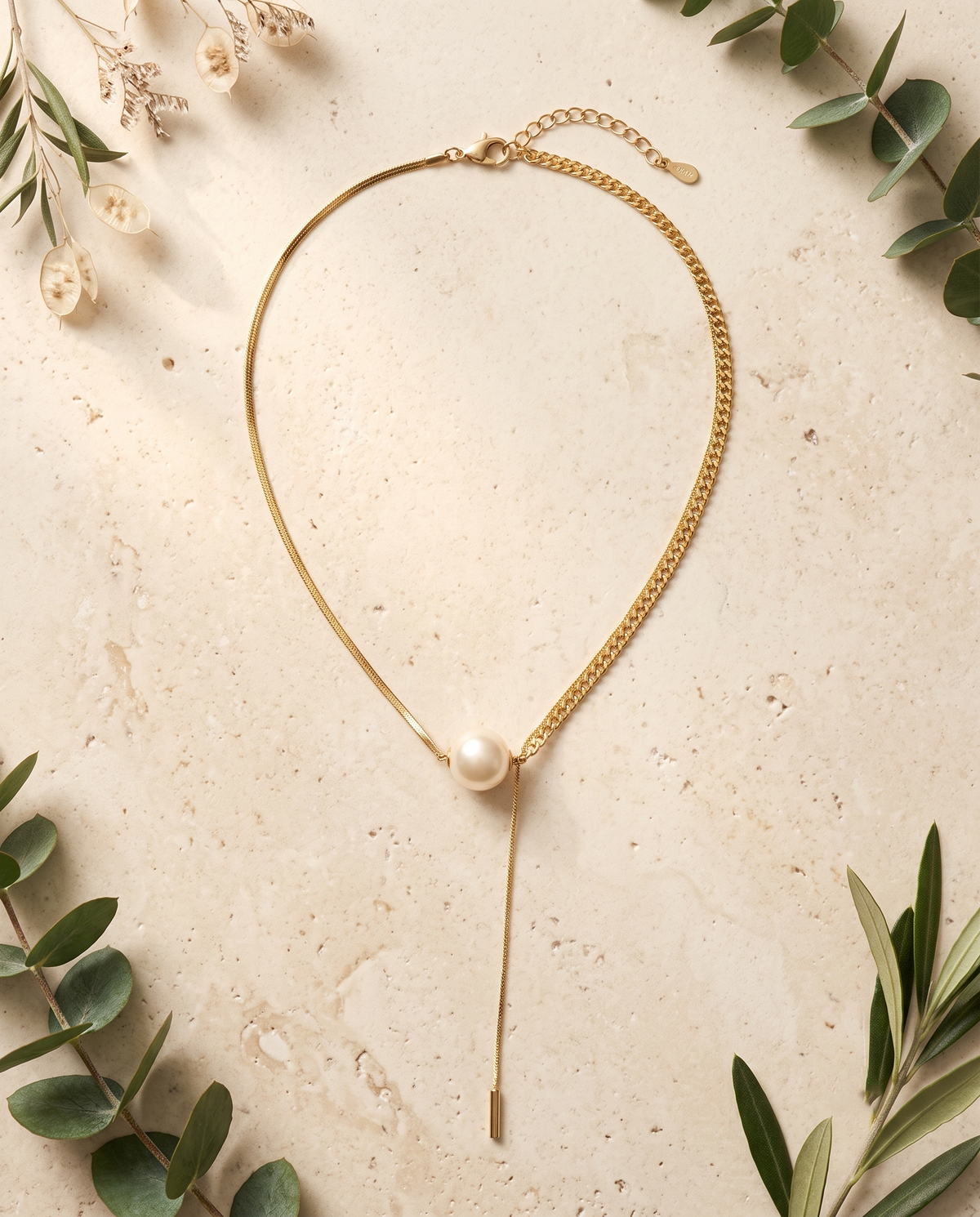 Gold Pearl Snake Curb Lariat Necklace – view 4