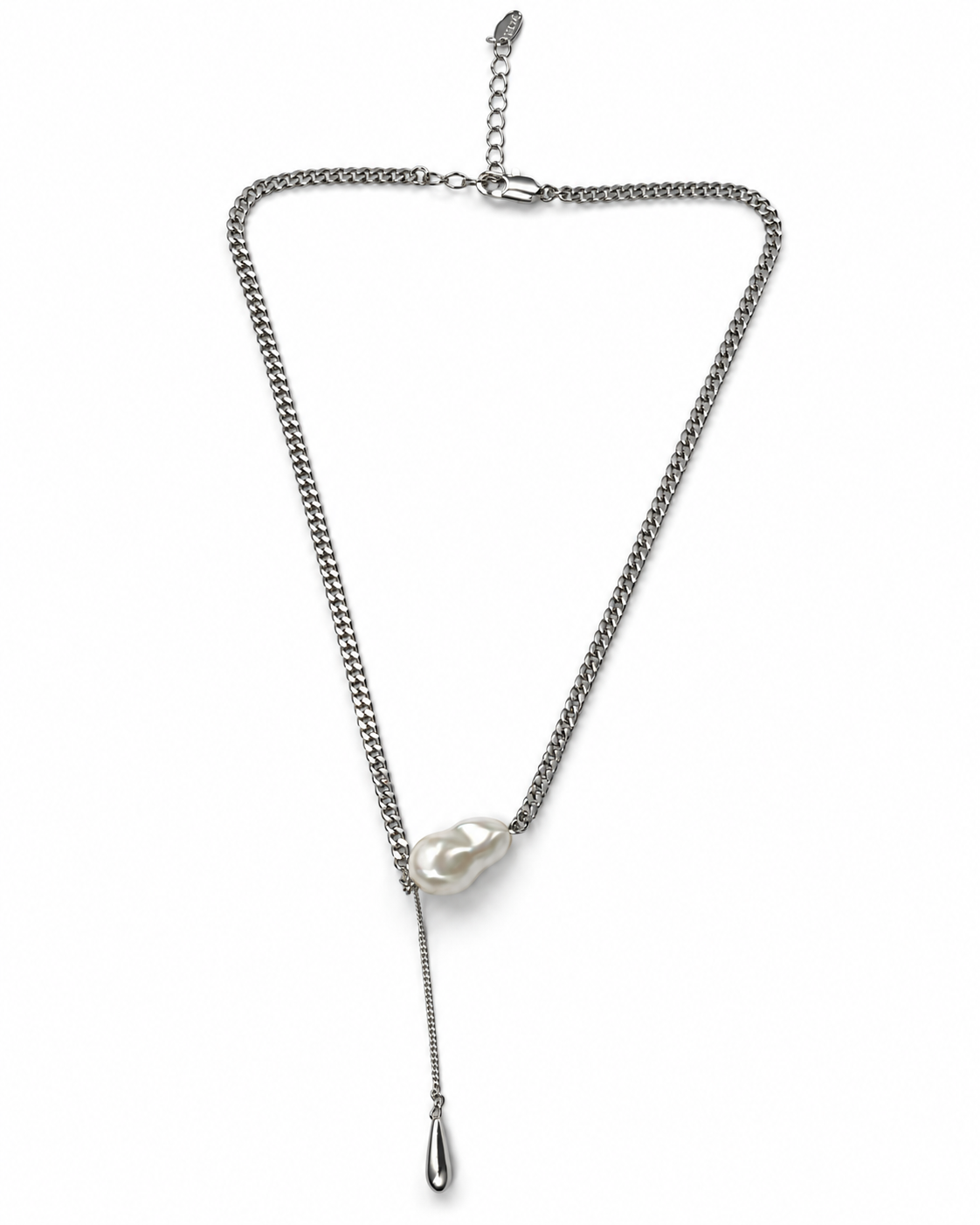 Silver Baroque Pearl Curb Chain Lariat Necklace – view 1