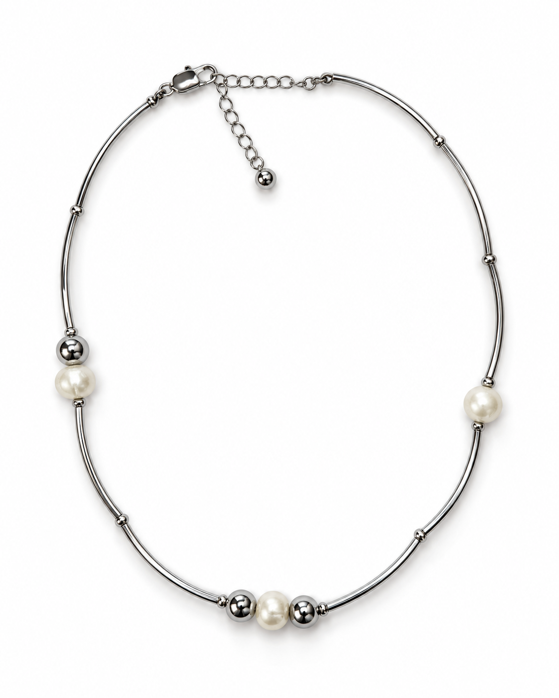 Silver Pearl Curved Tube Beaded Necklace – view 1