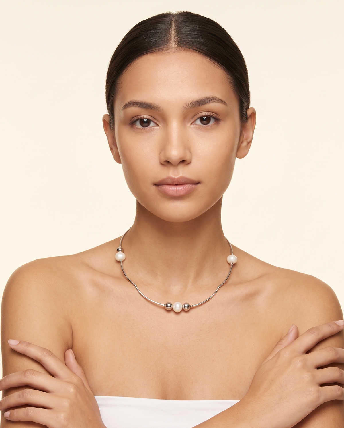 Silver Pearl Curved Tube Beaded Necklace – view 2