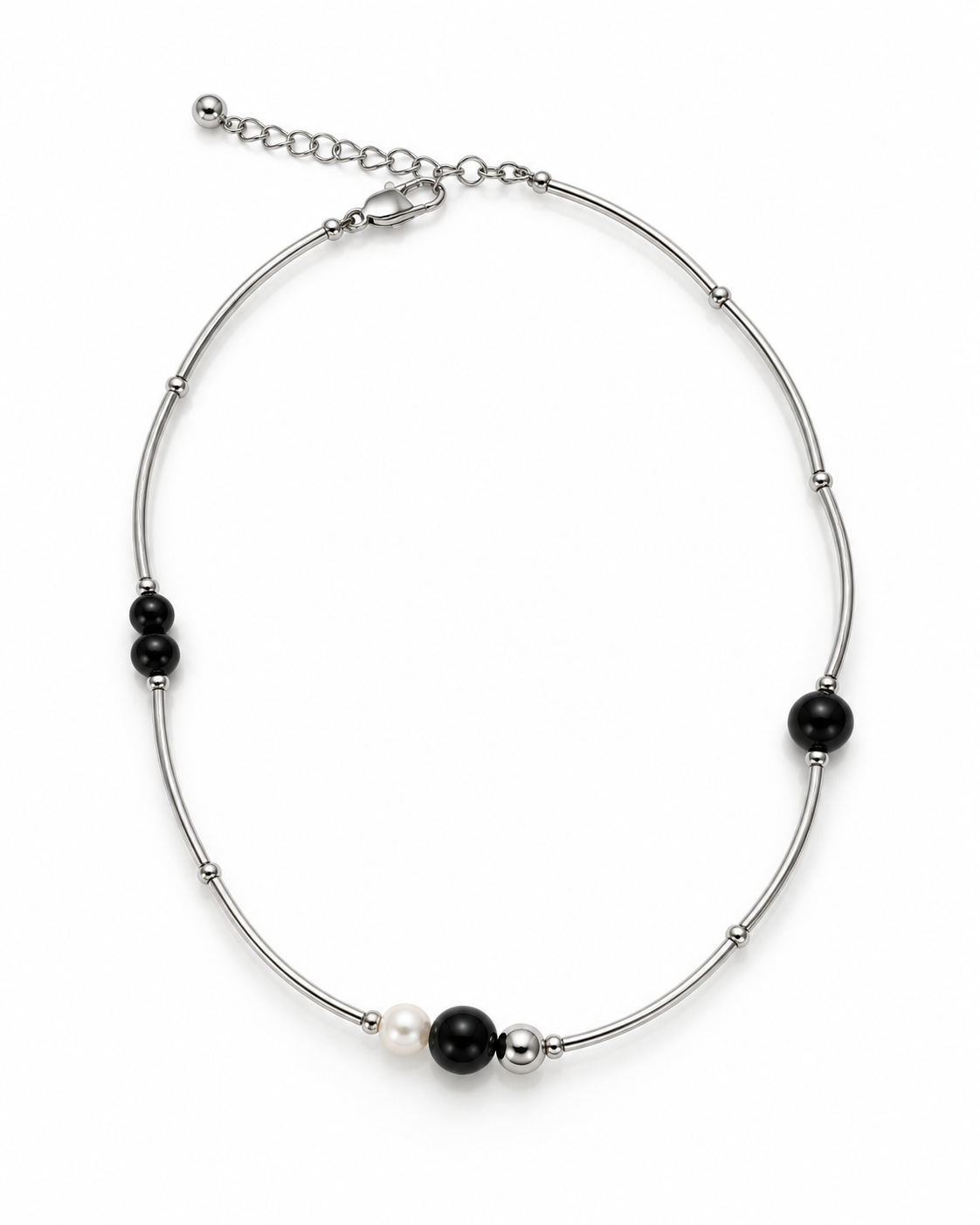 Silver Pearl Black Bead Curved Tube Necklace – view 1