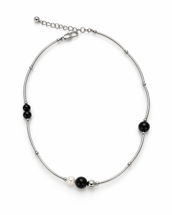 Silver pearl black bead curved tube necklace