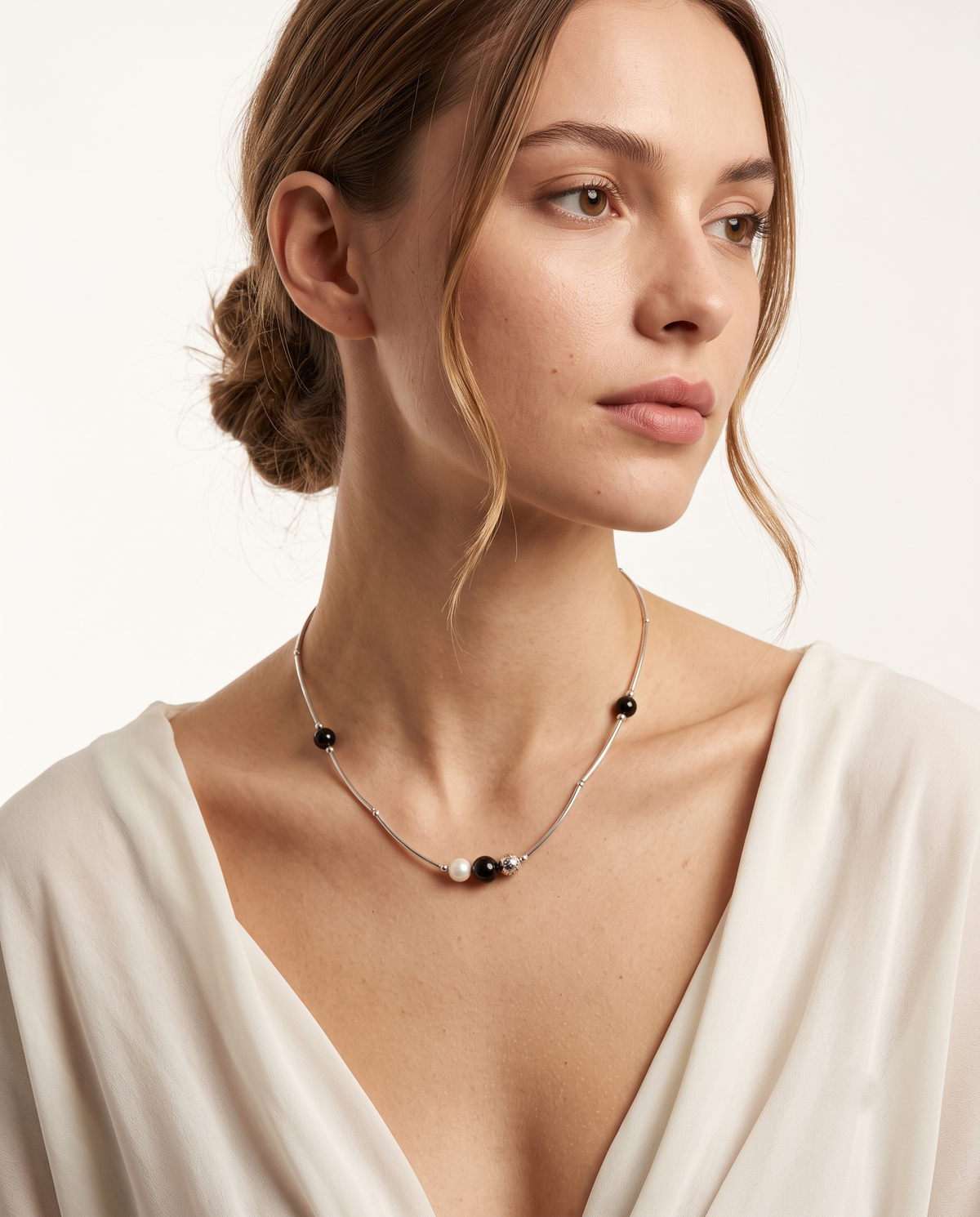 Silver Pearl Black Bead Curved Tube Necklace – view 2