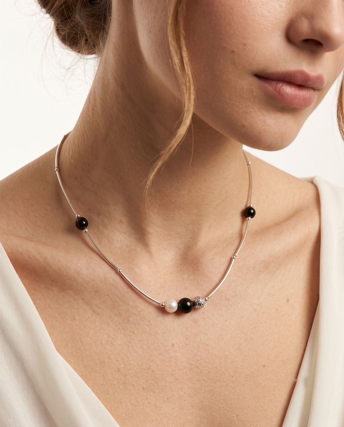 Silver Pearl Black Bead Curved Tube Necklace – view 3
