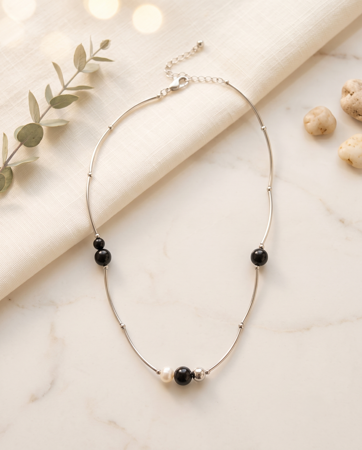 Silver Pearl Black Bead Curved Tube Necklace – view 4