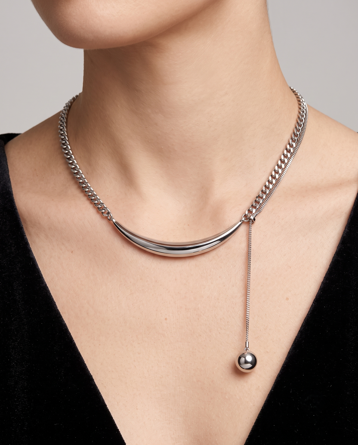 Silver Curved Bar Snake Curb Lariat Necklace – view 2
