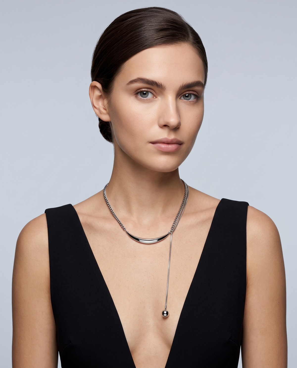 Silver Curved Bar Snake Curb Lariat Necklace – view 3