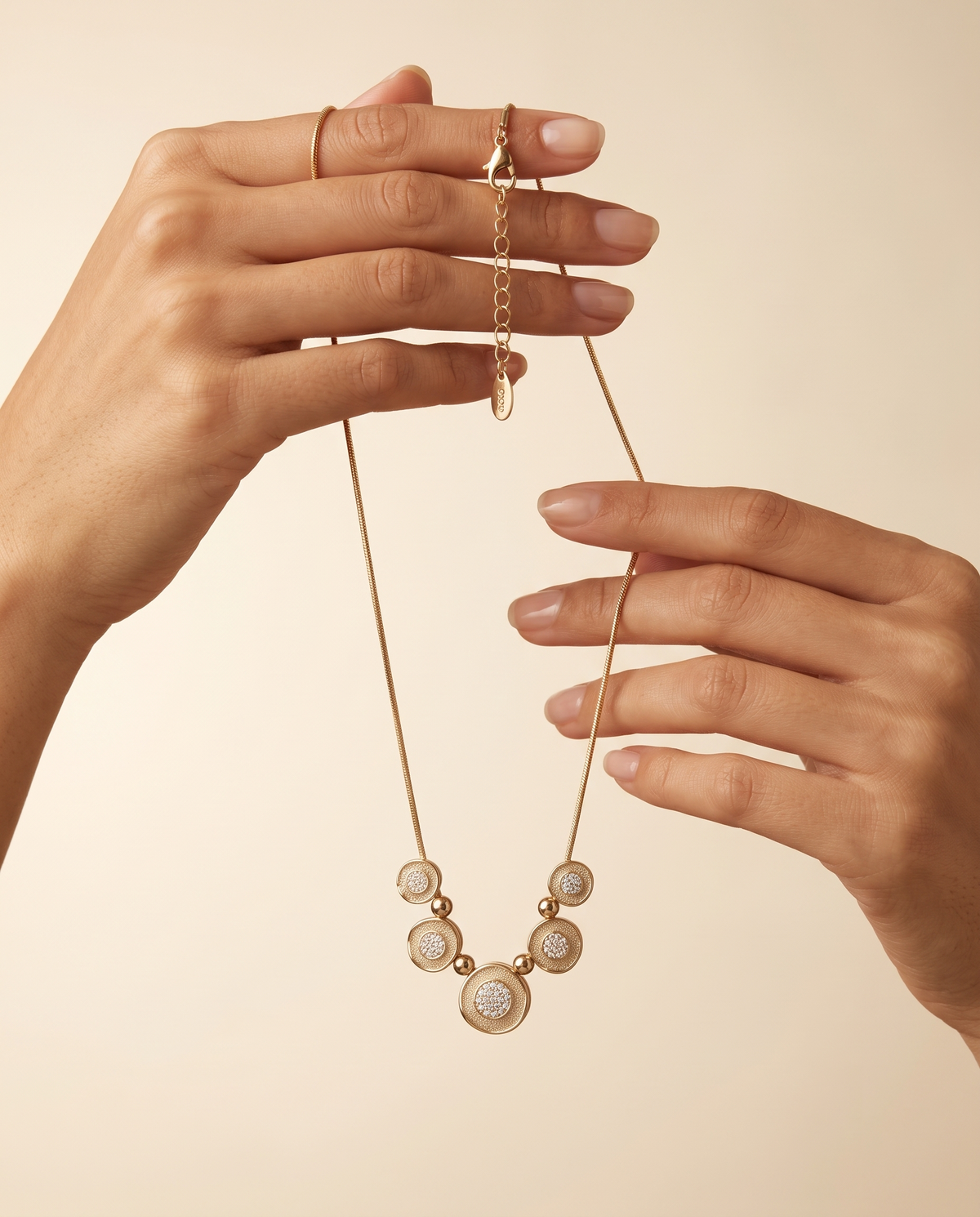 Gold Textured Disc Station Necklace – view 4