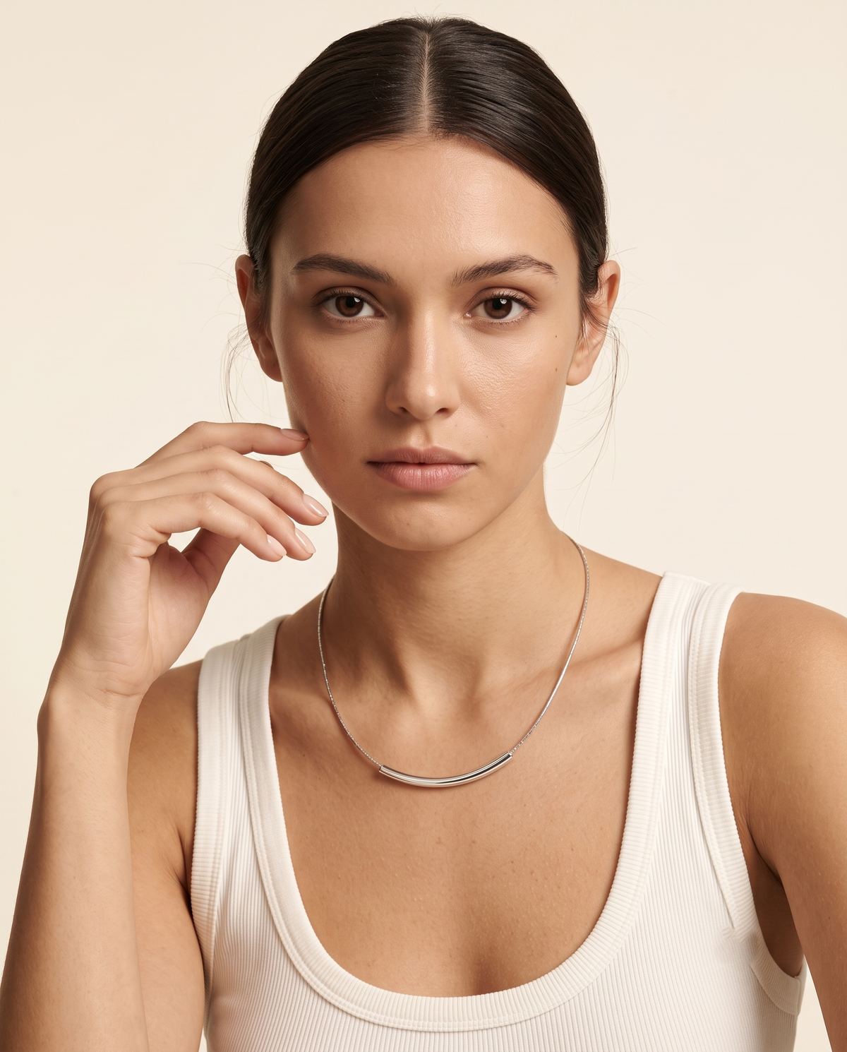 Silver Curved Tube Textured Chain Necklace – view 2
