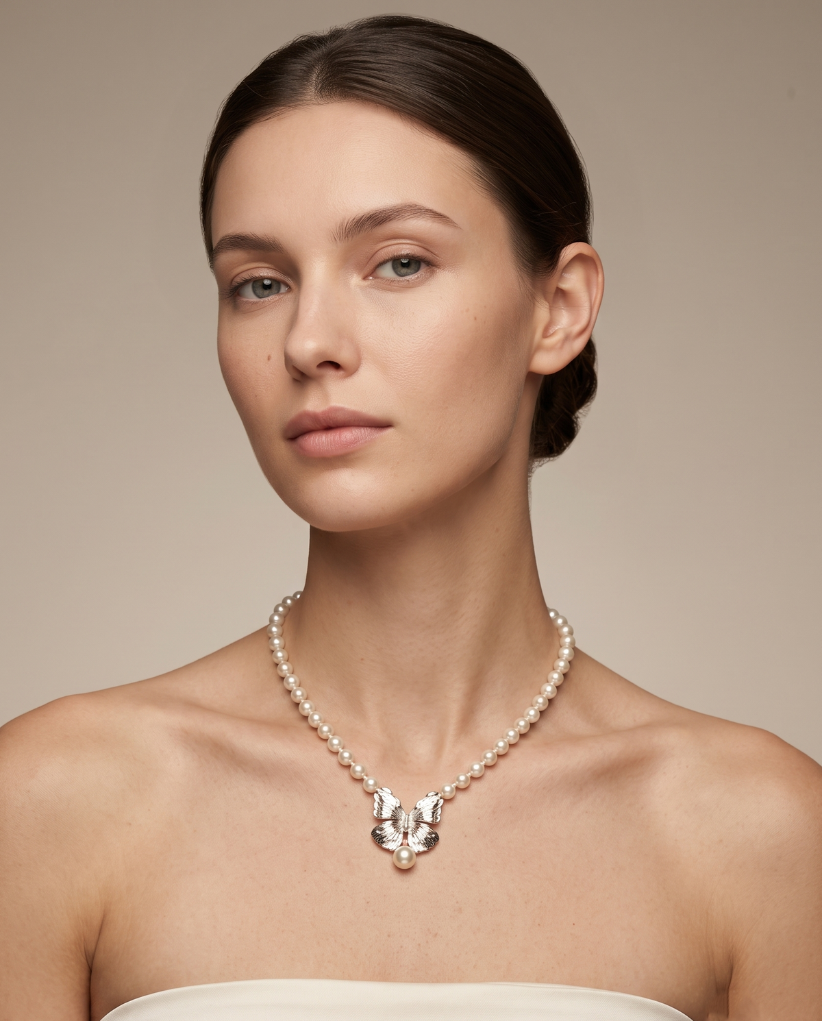 Silver Butterfly Pearl Strand Necklace – view 2