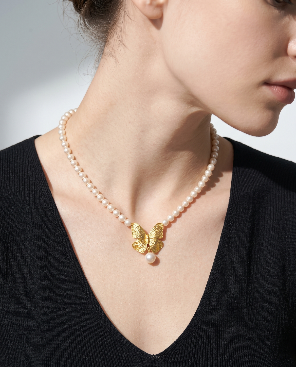 Gold Butterfly Pearl Strand Necklace – view 3