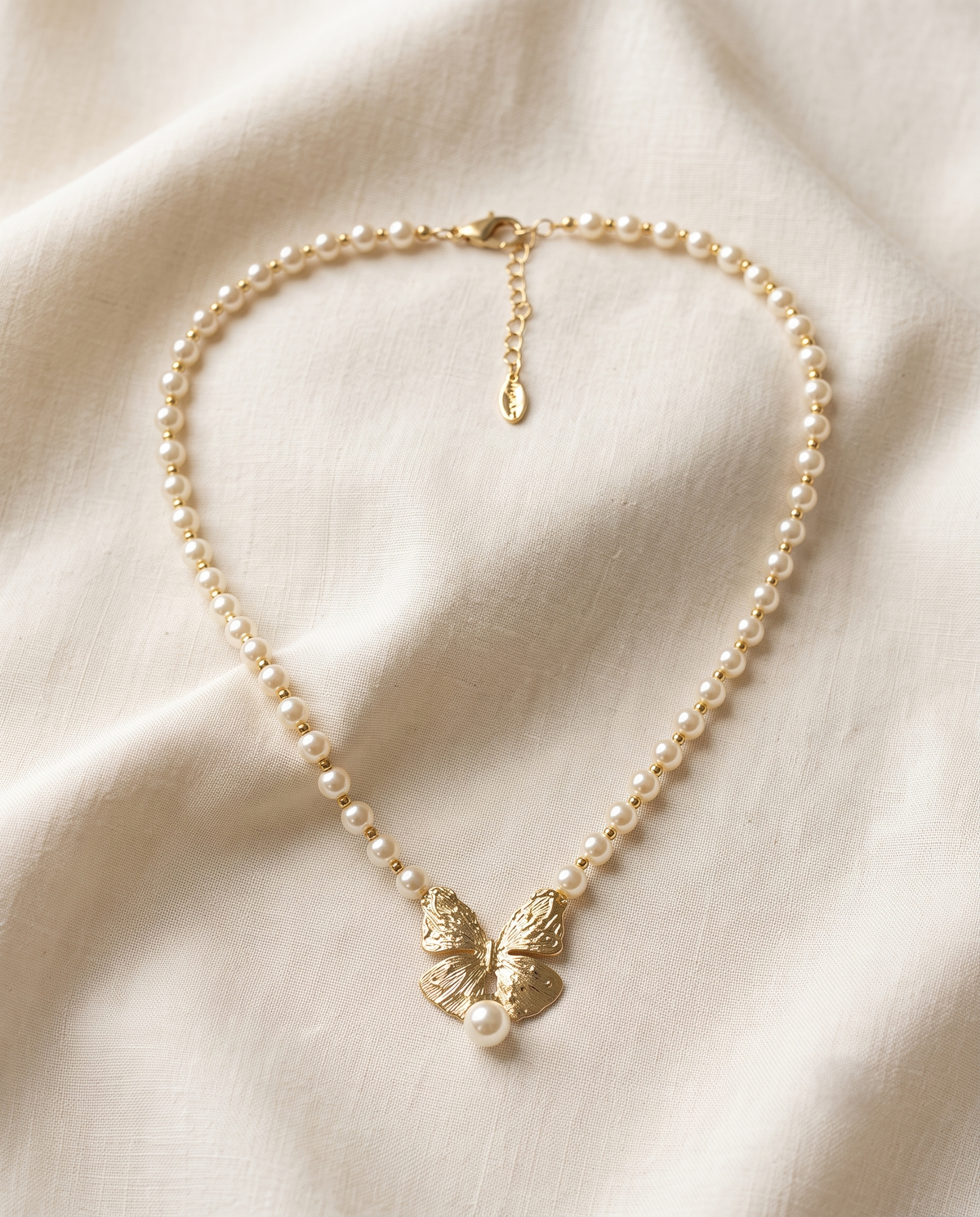 Gold Butterfly Pearl Strand Necklace – view 4