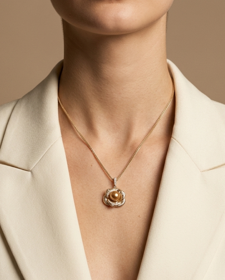 Gold Floral Pearl Pendant Necklace – view 2