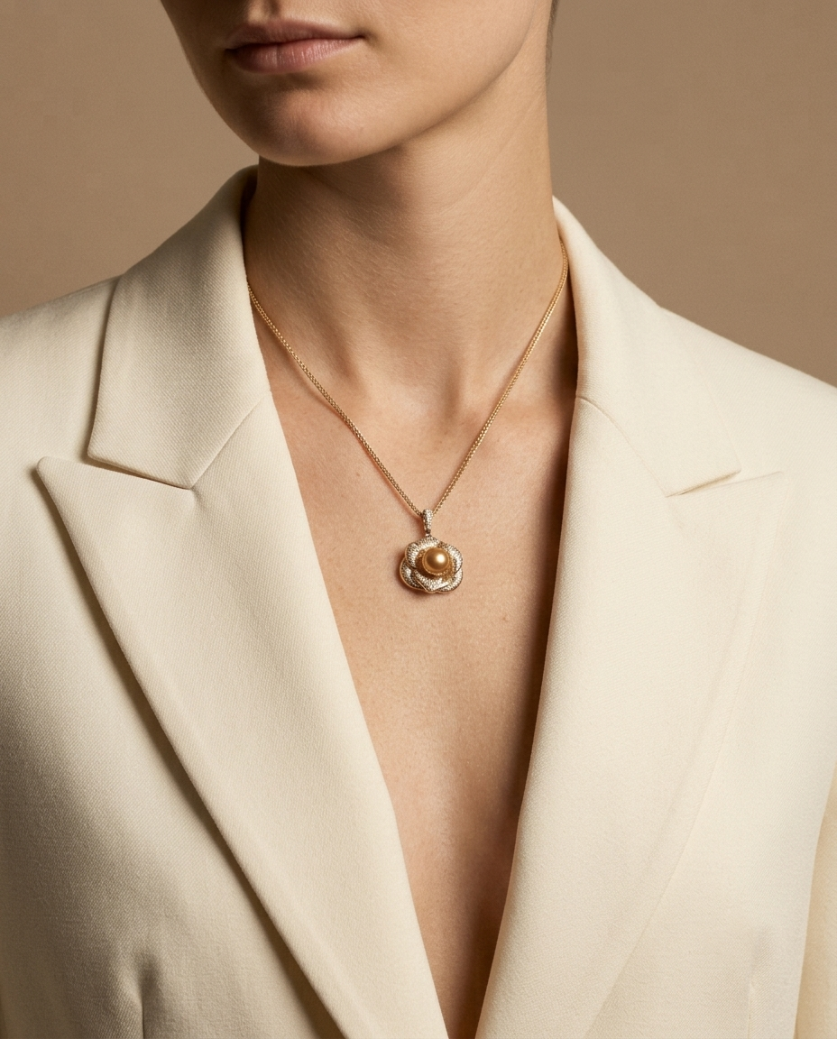 Gold Floral Pearl Pendant Necklace – view 3