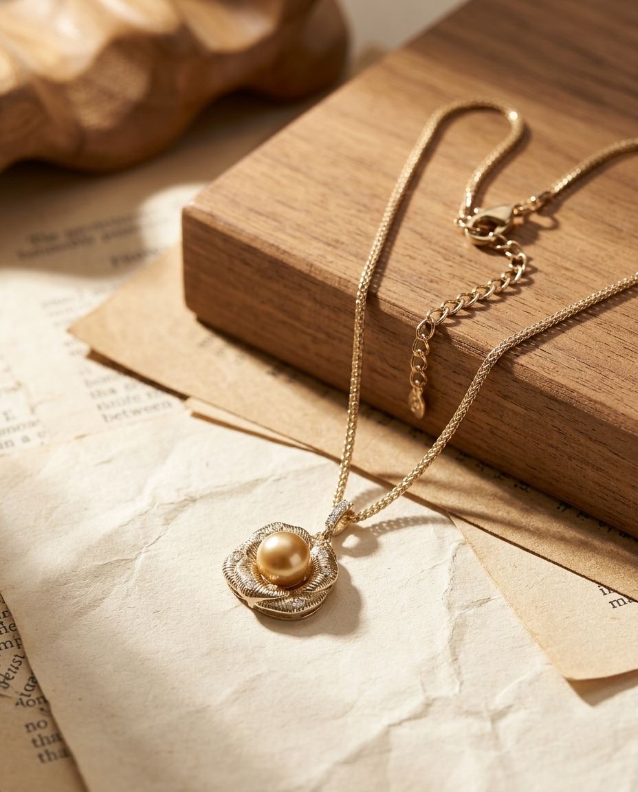 Gold Floral Pearl Pendant Necklace – view 4