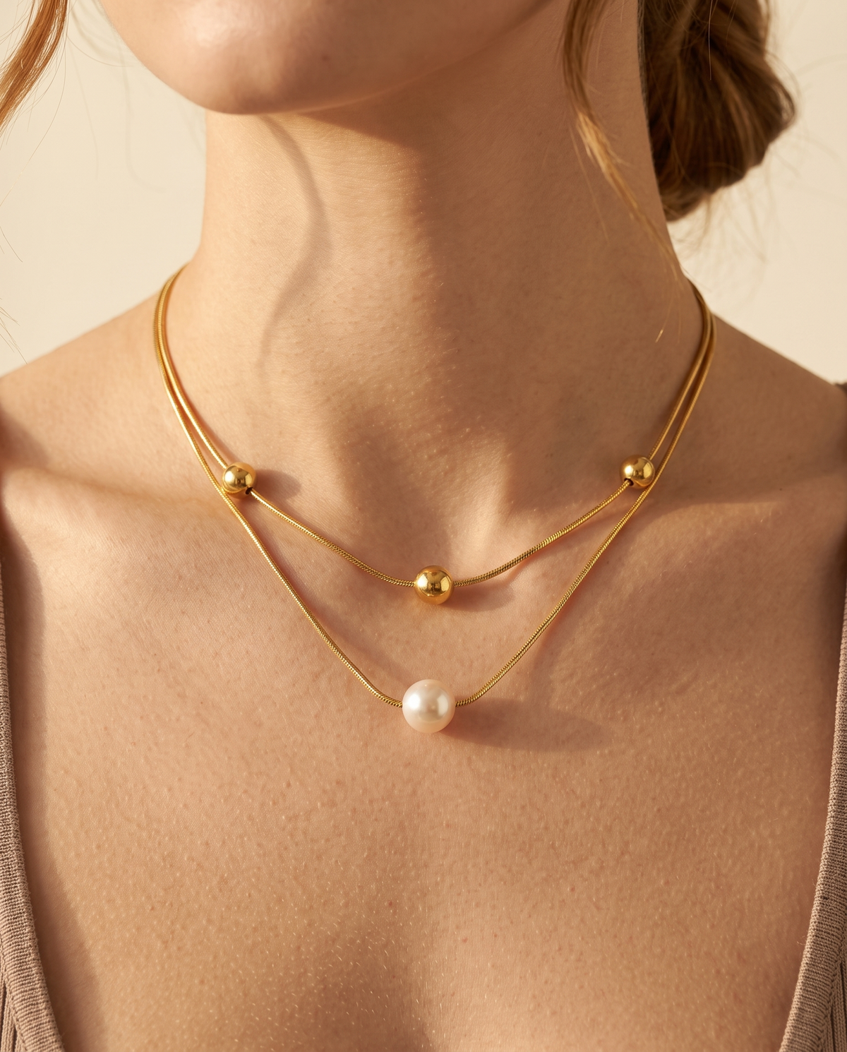 Gold Layered Snake Chain Pearl Necklace – view 3