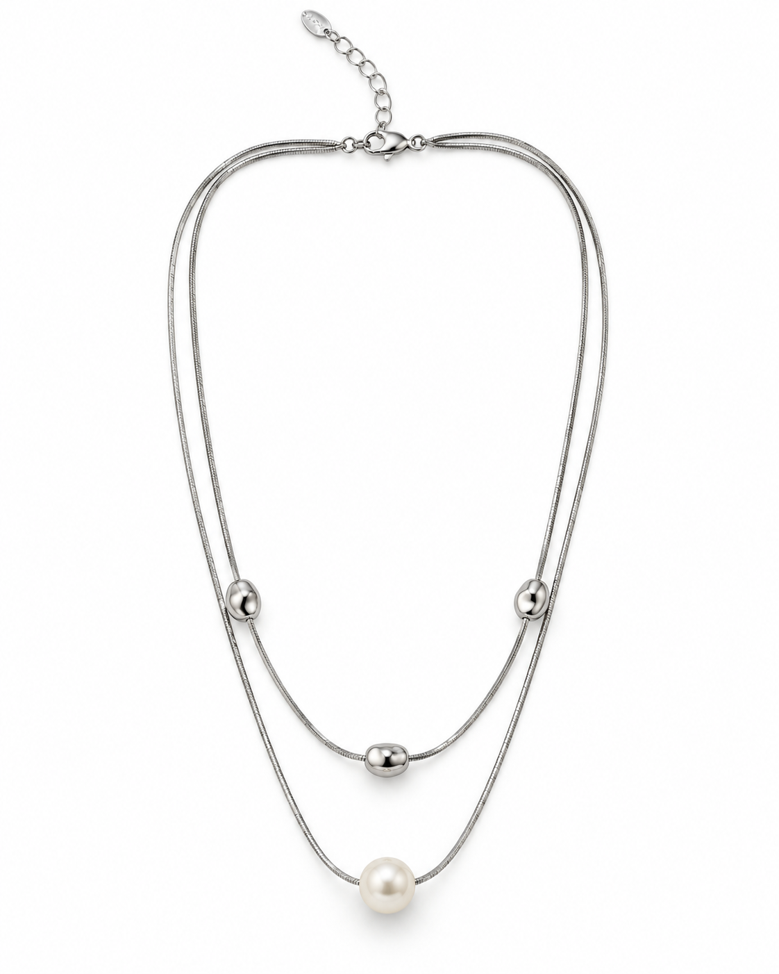 Silver Layered Snake Chain Pearl Necklace – view 1