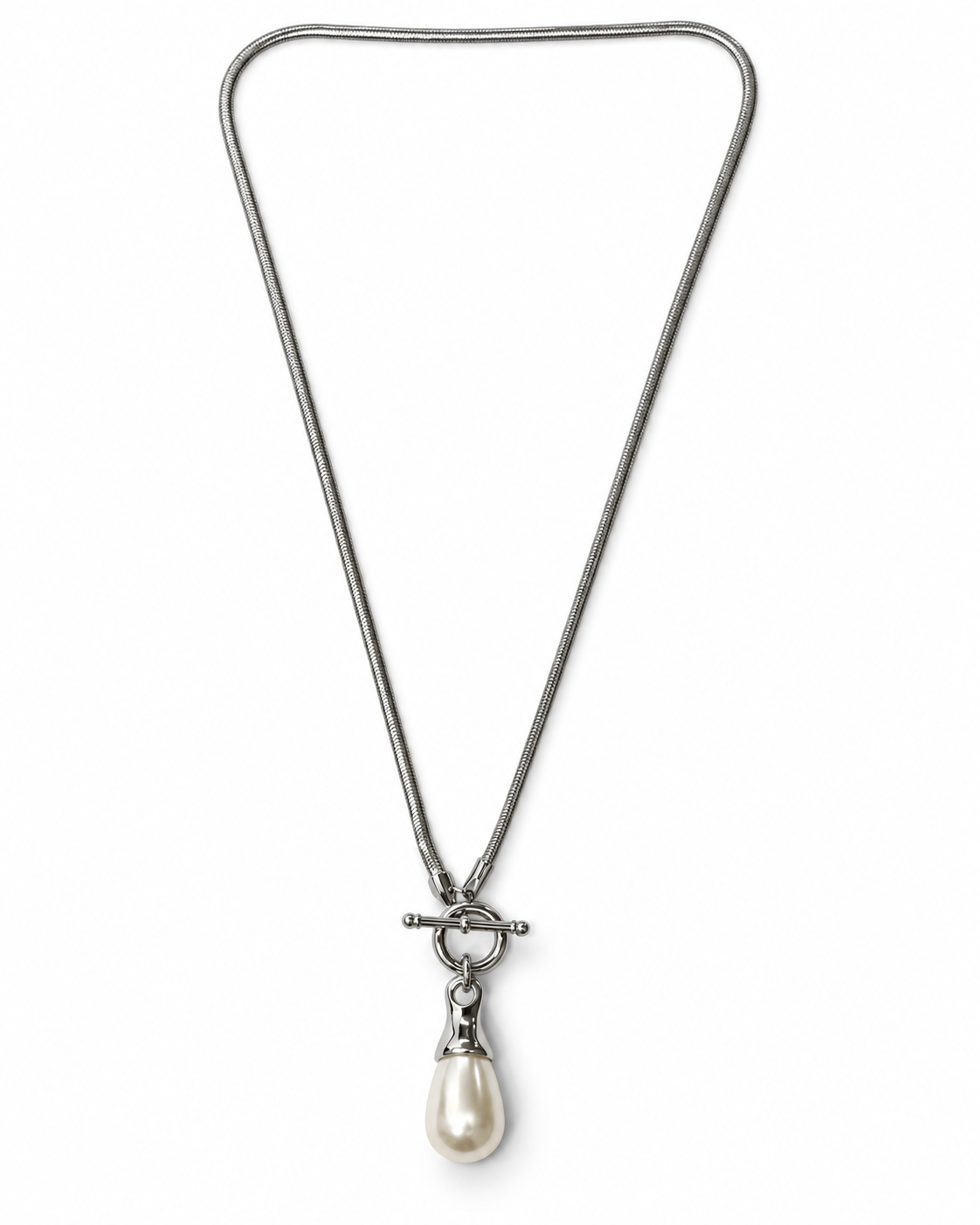 Silver T-bar Toggle Pearl Drop Necklace – view 1