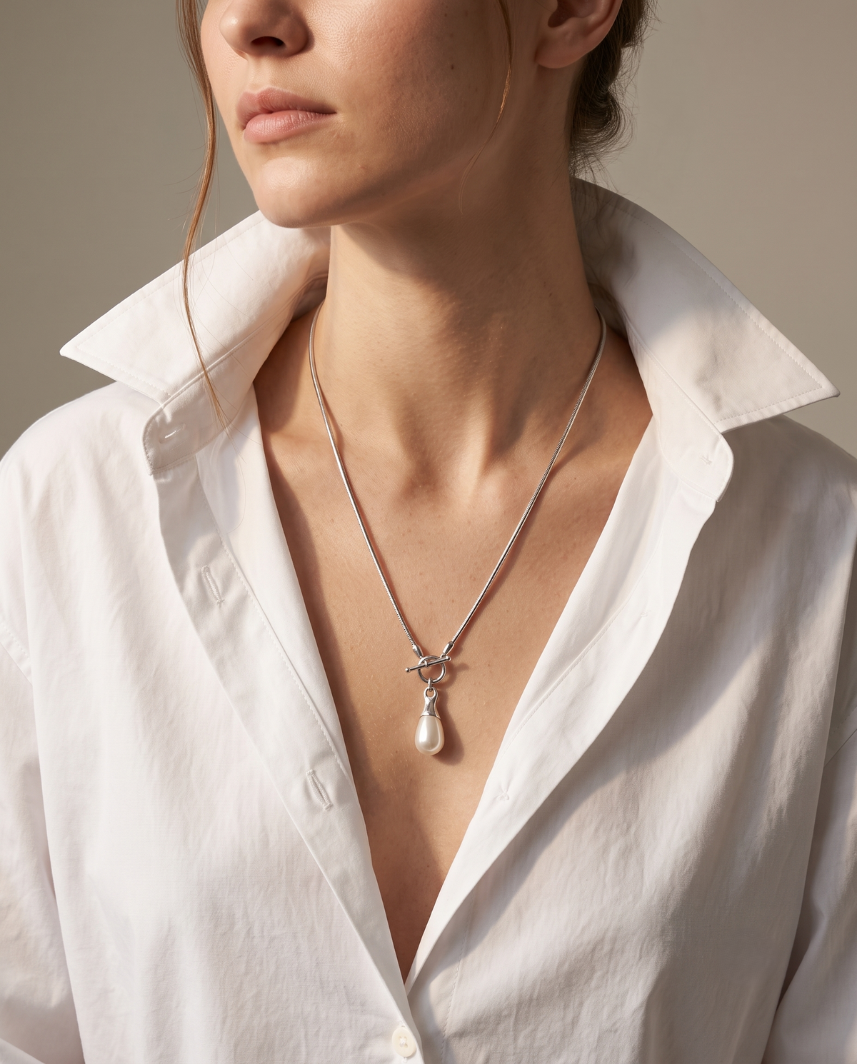 Silver T-bar Toggle Pearl Drop Necklace – view 2