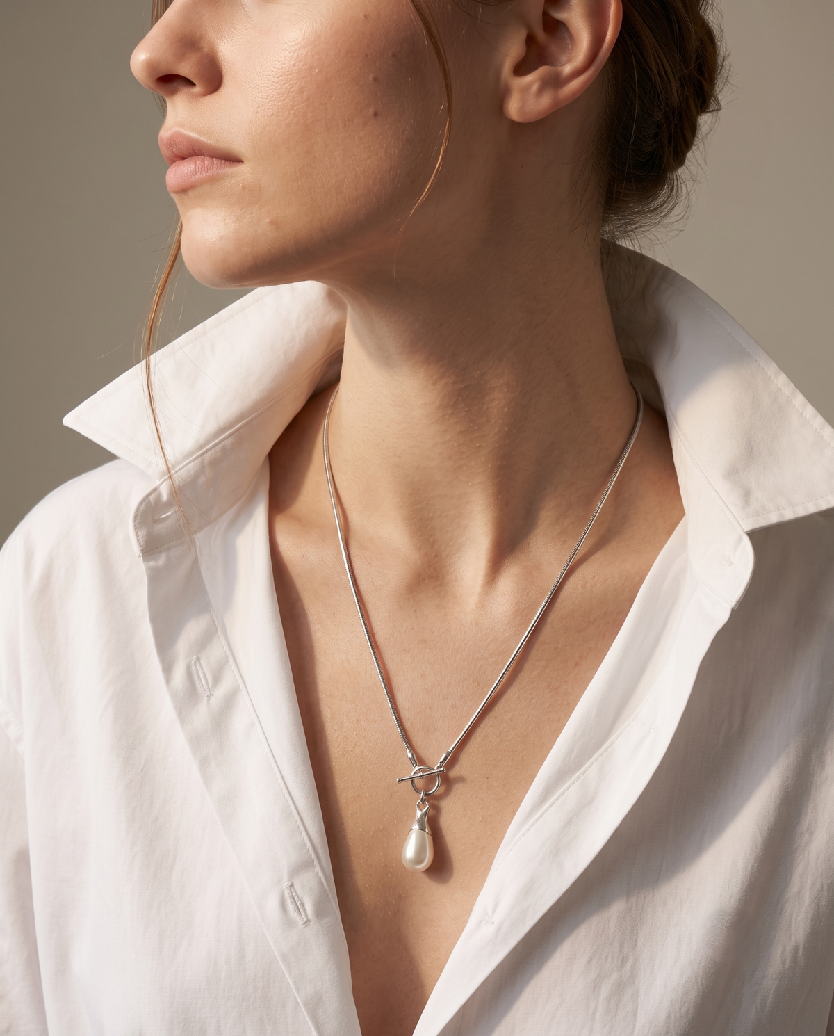 Silver T-bar Toggle Pearl Drop Necklace – view 3