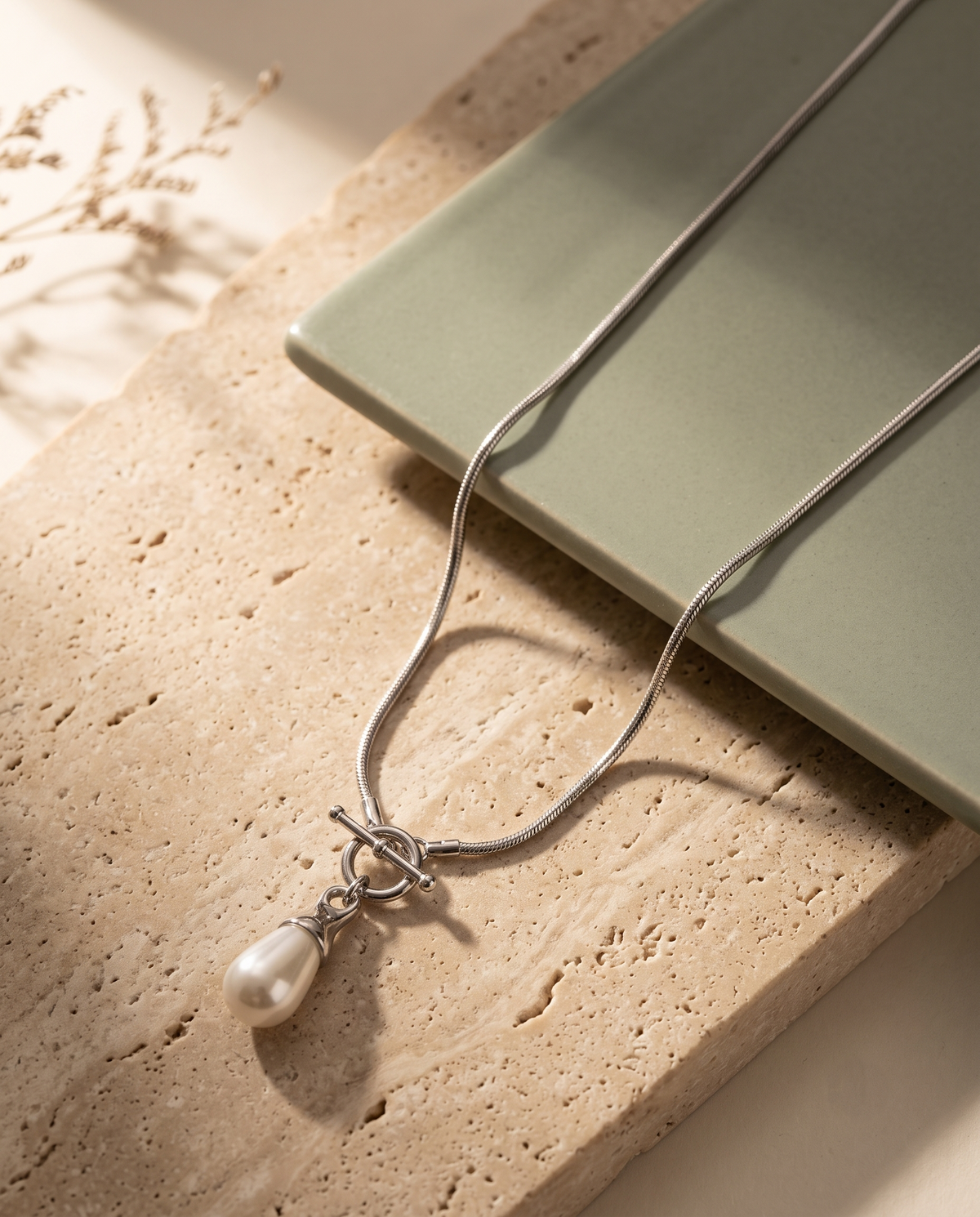 Silver T-bar Toggle Pearl Drop Necklace – view 4