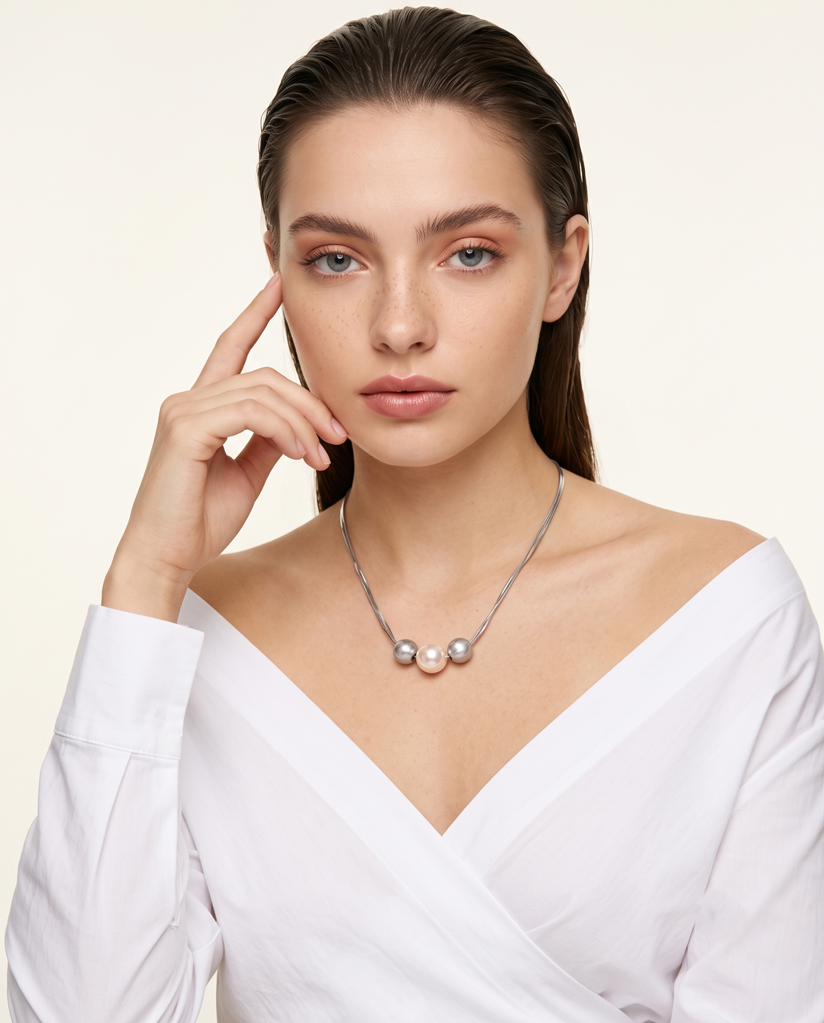 Silver Multi Strand Pearl Sphere Necklace – view 2