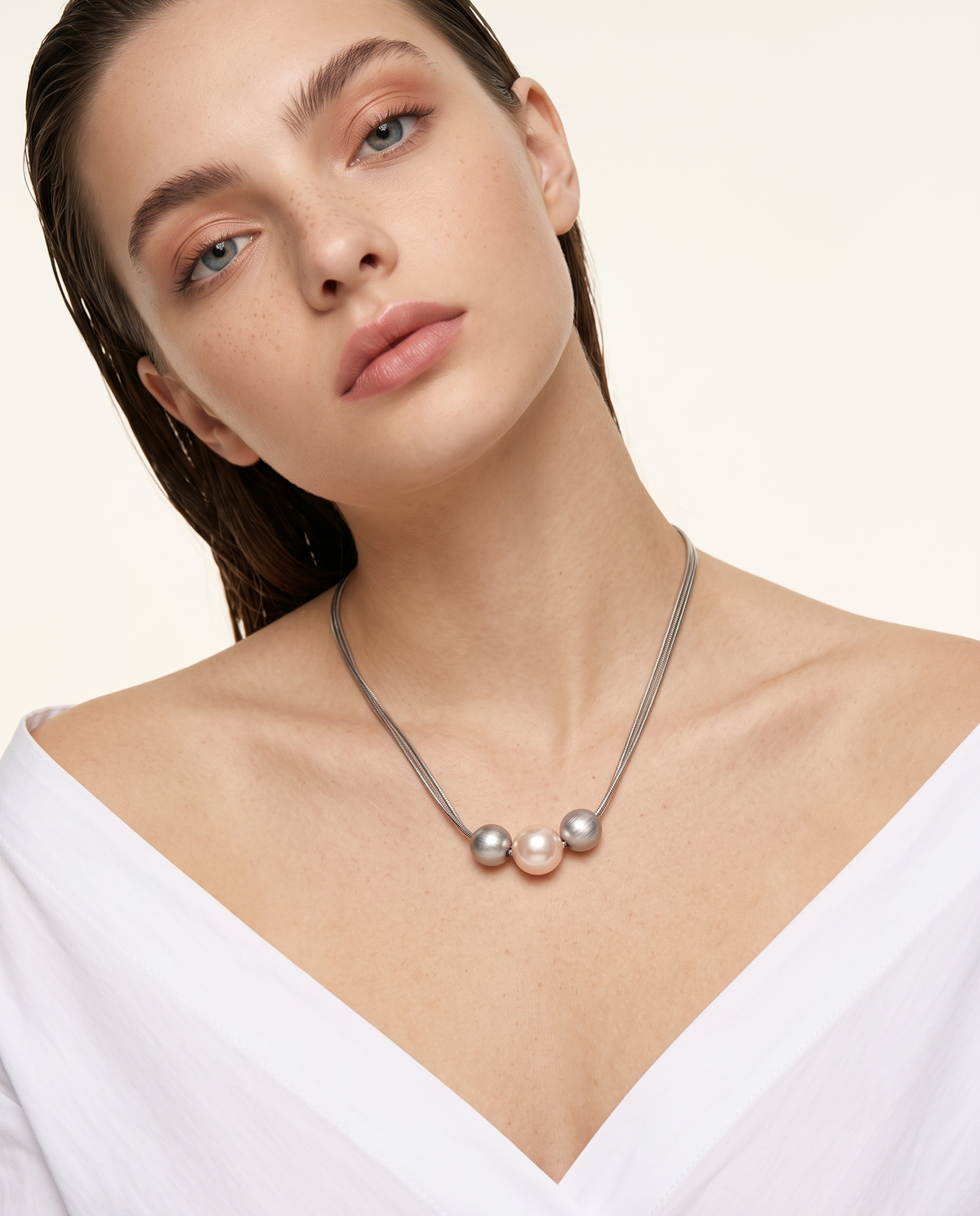 Silver Multi Strand Pearl Sphere Necklace – view 3