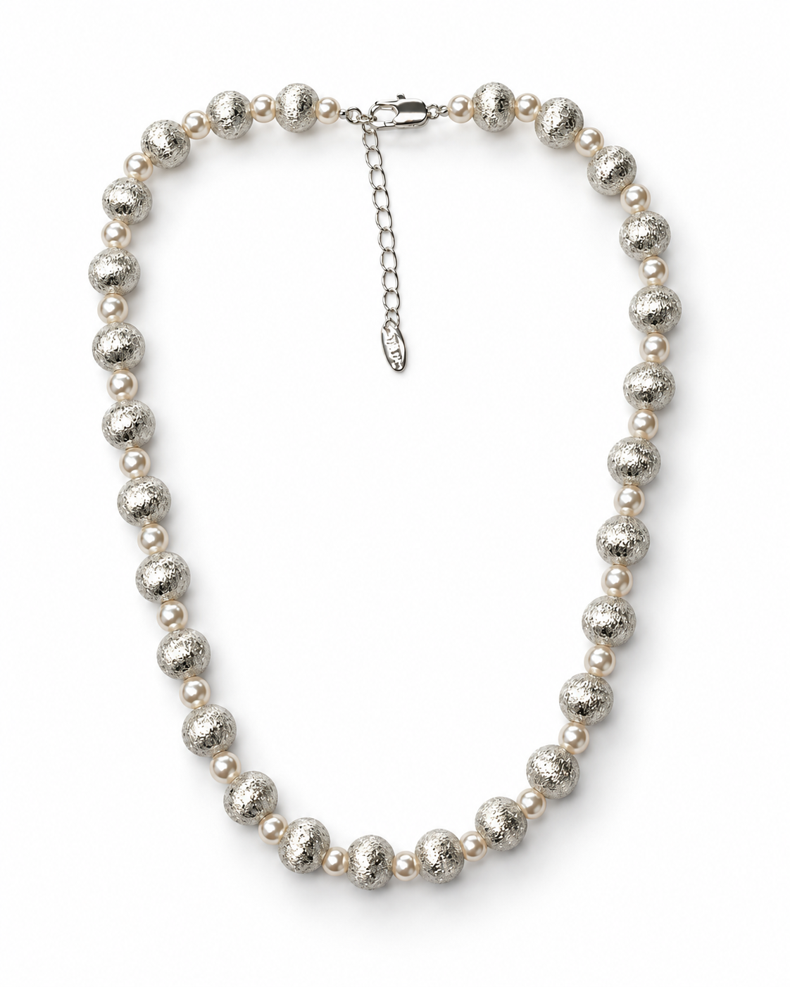 Silver Textured Bead Pearl Strand Necklace – view 1