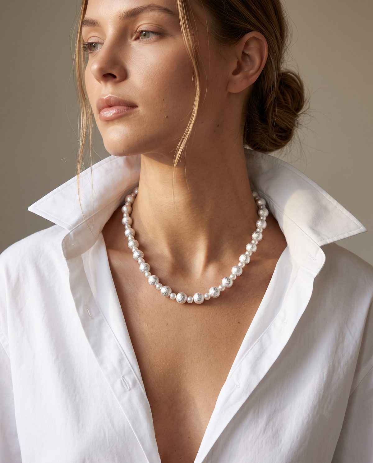 Silver Textured Bead Pearl Strand Necklace – view 2