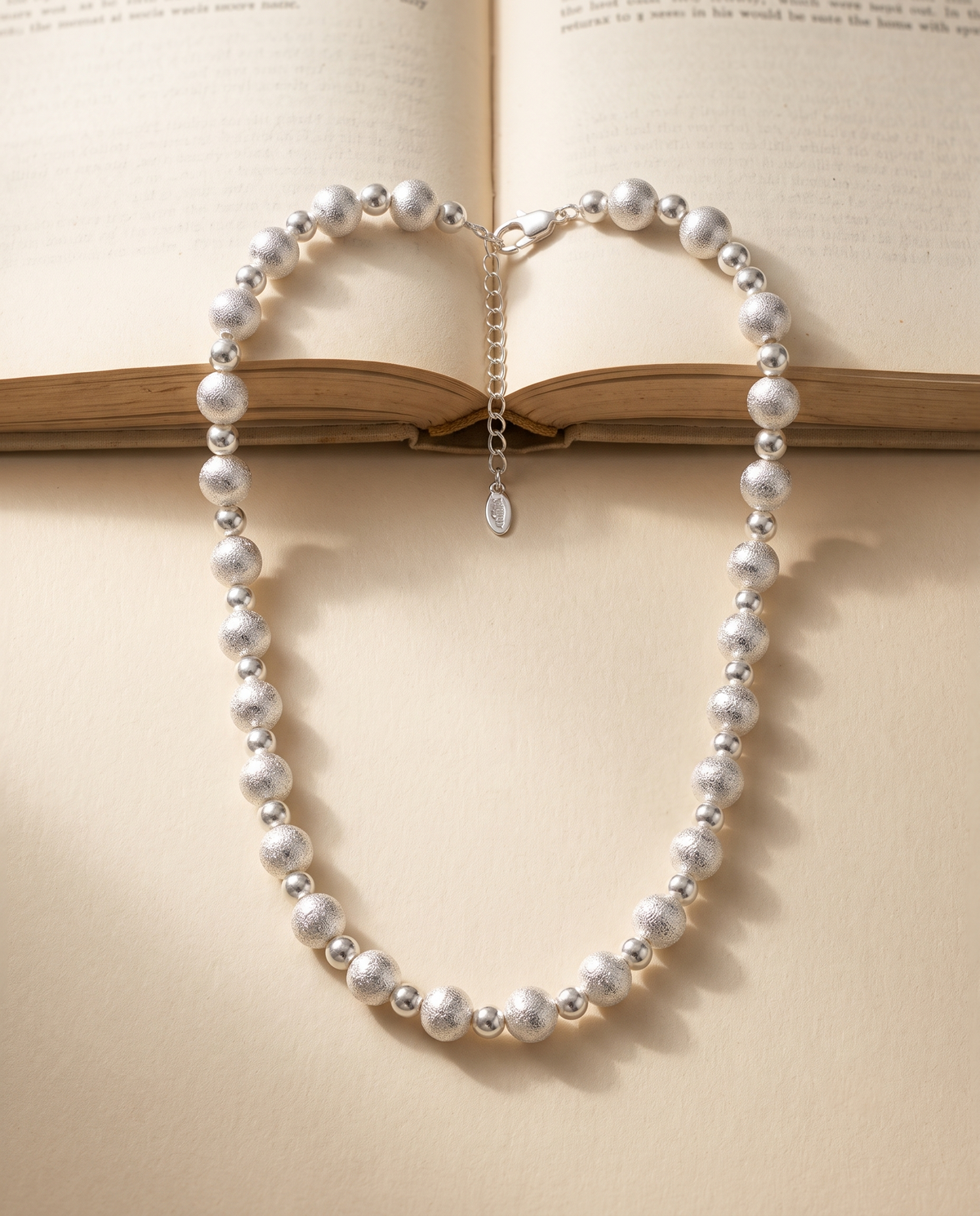 Silver Textured Bead Pearl Strand Necklace – view 4