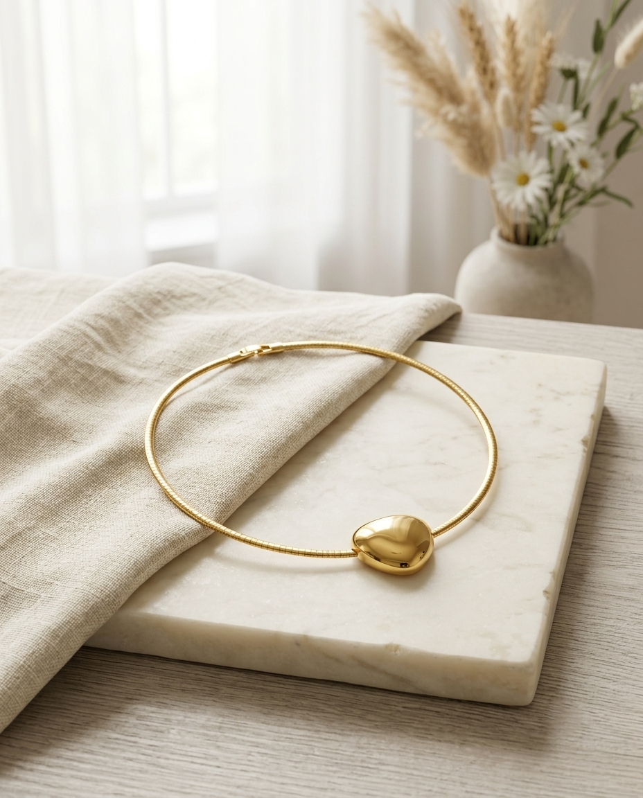 Gold Pebble Pendant Omega Collar Necklace – view 4