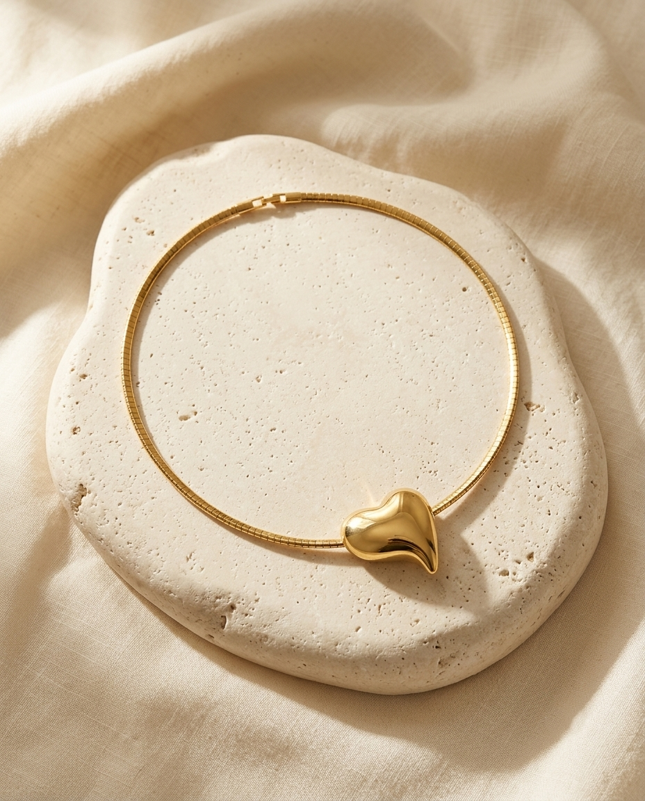 Gold Sculpted Heart Omega Collar Necklace – view 4