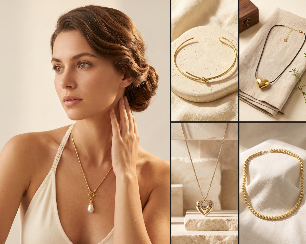 Necklaces from The Edits: a pearl drop on a toggle chain, a gold knotted collar, a heart on black cord, a rippled heart pendant and a bead strand